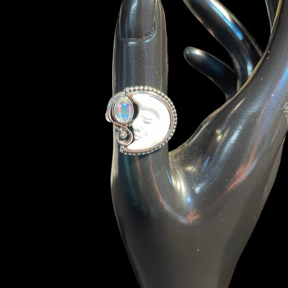 Moon Face Necklace & Ring Sz 7 Set Carved Celestial Boho Spiritual Jewelry - Picture 2 of 9